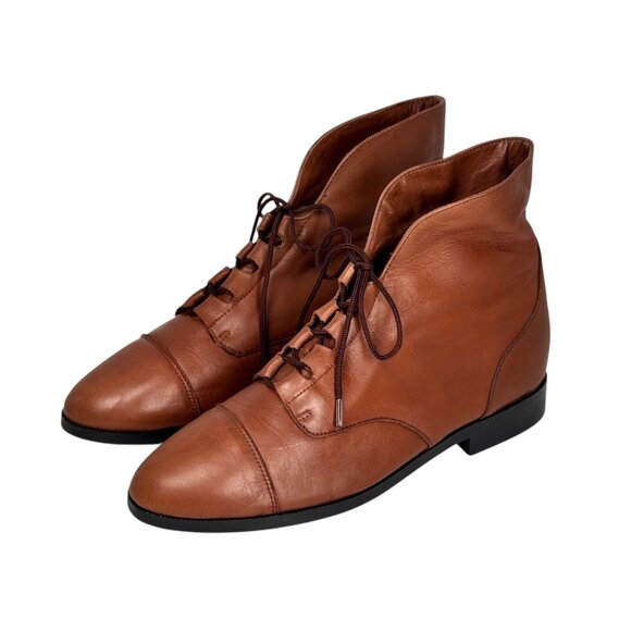 Vintage 90s Prima Royale Lace Up Granny Boots Sz 9 Brown Leather High Top Boho - Picture 1 of 11